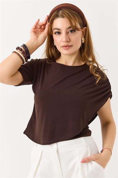 Kadın Sandy Pelerinli Yarım Kollu  Bluz Kahverengi