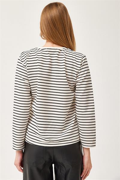 Bisiklet Yaka Çizgili Uzun Kollu Sweatshirt Siyah