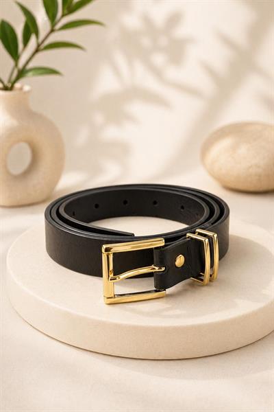 Kare Gold Tokalı Suni Deri Kemer Siyah