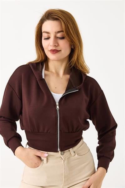 Kapişonlu Fermuarlı Modal Sweat Hırka Kahverengi