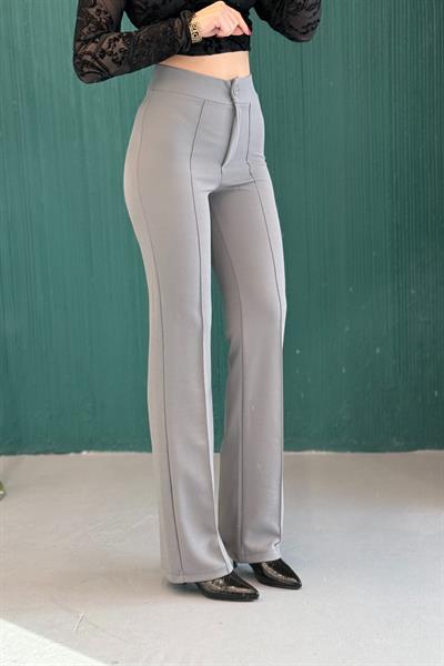 Likralı Krep Örme Kumaşı Yüksek Bel Çımalı  Pantolon Gri