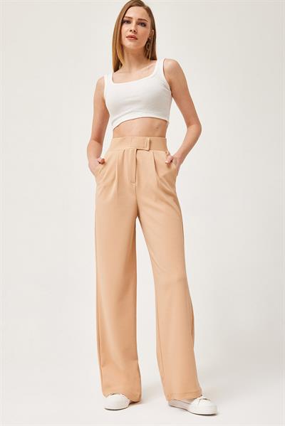 Beli Cırtlı Rahat Palazzo Pantolon Vizon