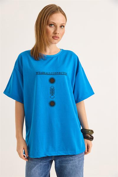 Bisiklet Yaka Kısa Kol Baskılı Tshirt Mavi