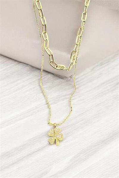 Yonca Model İki Zincirli Taşlı Kolye Gold