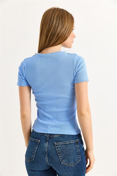 Bisiklet Yaka Zincir Detaylı Kaşkorse Bluz  Mavi