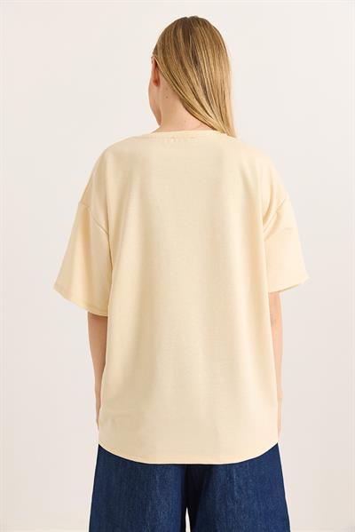 Baskılı Bisiklet Yaka Basic Tshirt Bej