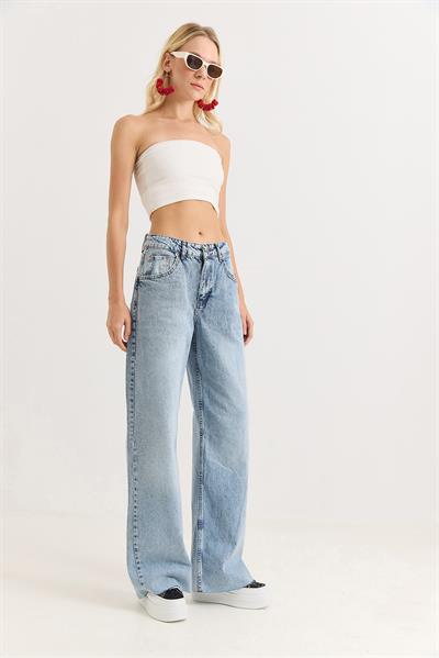 Kadın Bol Kesik Paça Şık Kot Pantalon  Açık Mavi