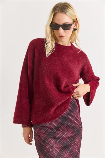 Kadın Bisiklet Yaka Oversize Yumuşak Tüylü Bordo