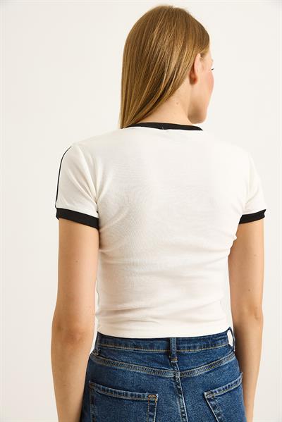 Bisiklet Yaka Baskılı Crop Tshirt Beyaz