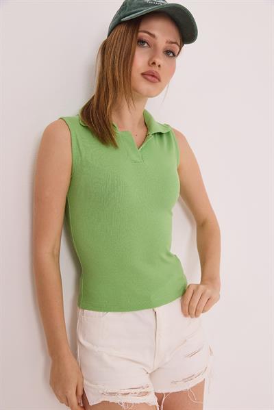 Sıfır Kol Polo Yaka Basıc Örme Kaşkorse Bluz Yeşil
