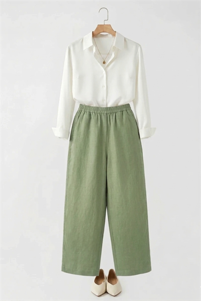 Kadın Beli Kalın Lastikli Bol Kesim Kumaş Pantolon  Haki