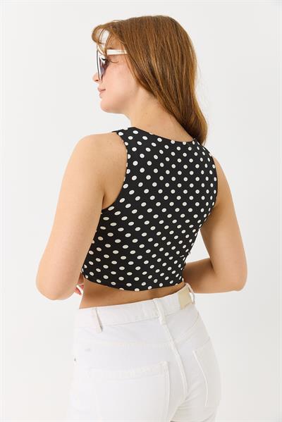 Kadın Poliyemid Kumaş Puantiyeli Crop Bluz  Siyah