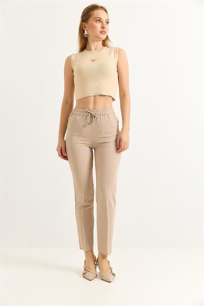 Beli Lastikli Çizgi Desenli Krep Pantolon Vizon