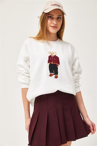 Oversize Nakışlı Sweatshirt Beyaz