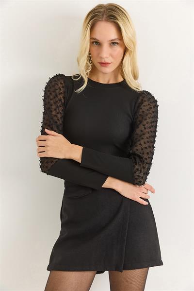 Kollar Tül Detaylı Uzun Kollu  Tasarım Bluz Siyah 