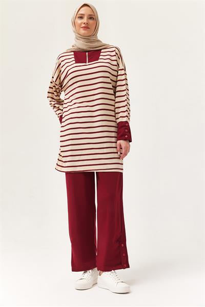 Yaka Fermuarlı Kol Detaylı  İkili Takım Bordo