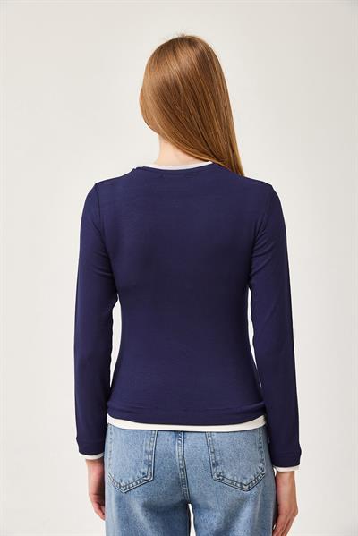 Yaka ve Etek Garnili Esnek Bluz Lacivert