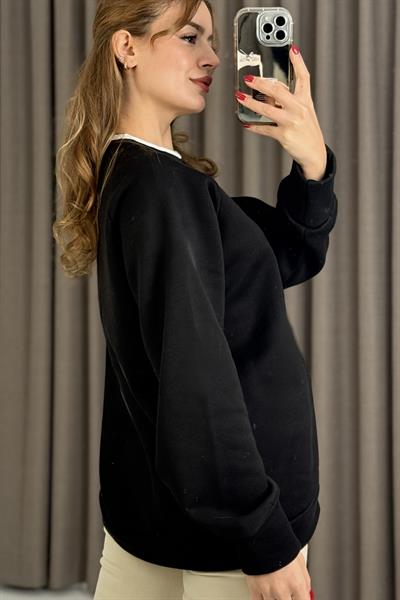 Kadın Yakası Garnili Bol Kesim Sweatshirt Siyah