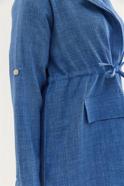 Bel Bağlamalı Ceketli Keten Takım Mavi