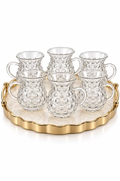 6lı Benek Desenli Kulplu Çay Bardağı Şeffaf