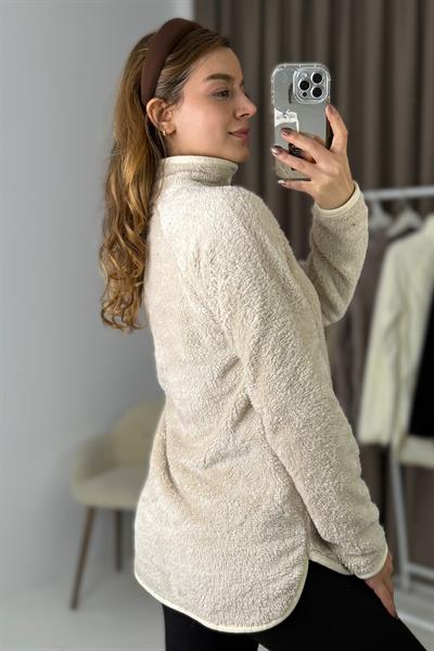 Kadın Yarım Fermuarlı  Welsoft Peluş Bej Sweatshirt 