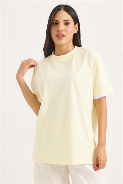 Bisiklet Yaka Kolları Garnili Kadın T-shirt Sarı