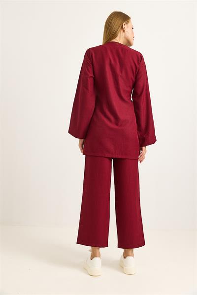Yandan Bağlamalı Kimono Pantolon İkili Takım Bordo