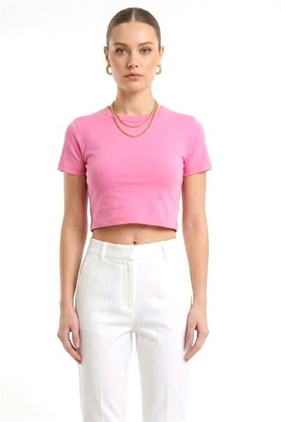 Kadın Bisiklet Yaka Düz Crop Bluz Pembe