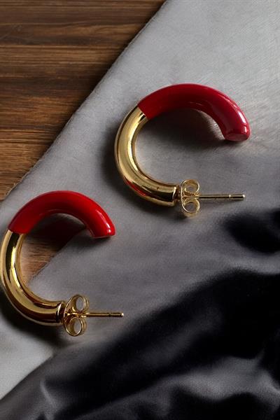 İki Renklı Kırmızı Gold Çelik Halka Küpe