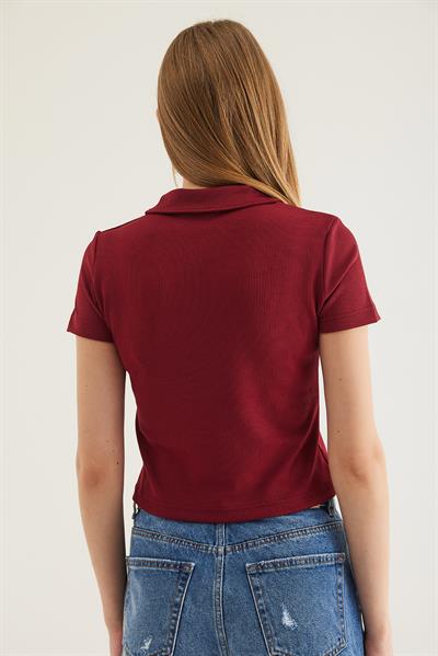 Polo Yaka Kadın Kısa Kol Bluz Bordo