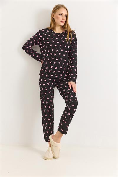Kadın Bisiklet Yaka Pembe Kalp Baskılı Pijama Takımı Siyah