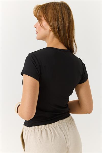 Kadın Basic Bisiklet Yaka Düz Tshirt Siyah