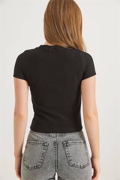 Ayıcık Nakışlı Esnek Crop Bluz Siyah