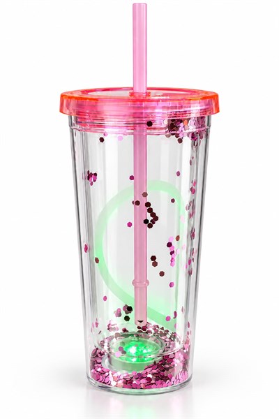 LED Işıklı Simli Pipetli Bardak Pembe