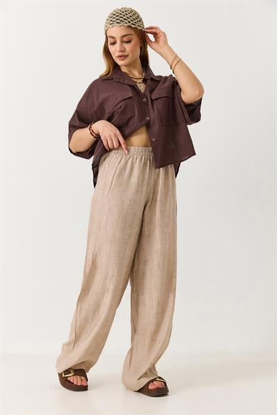 Kadın Desenli Beli Lastikli Bol Kesim Pantalon Vizon