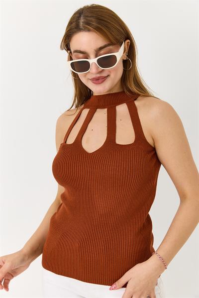 Kadın Esnek Triko Kahverengi Modern Kesim Detaylı Bluz 