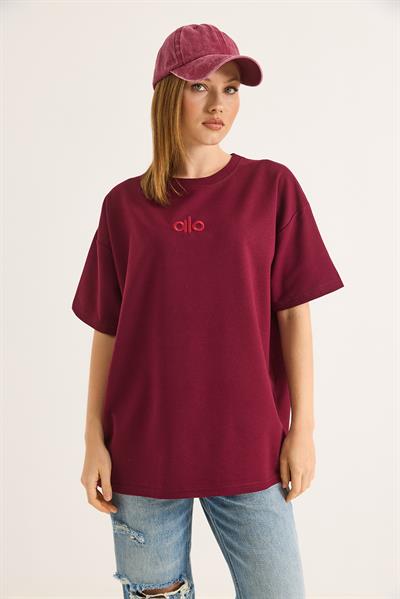Alo Nakışlı Oversize Unisex Tshirt Bordo