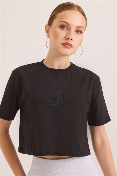 Karikatür Kuş Kabartma Baskılı Örme Crop Tshirt Siyah