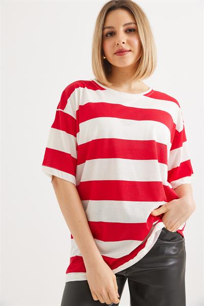 Bisiklet Yaka  Çizgili Basic Tshirt Kırmızı