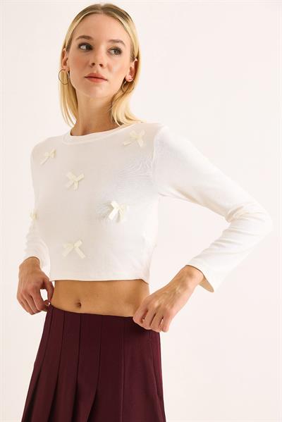 Kadın Kurdeleli Uzun Kollu Crop Bluz Beyaz