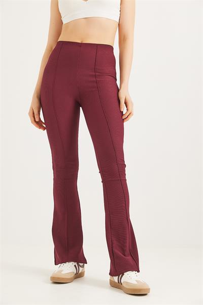 Yüksek Bel Çımalı Fitilli Pantolon Bordo