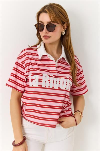 Polo Yaka Çizgili Baskılı Kısa Kollu Tshirt 