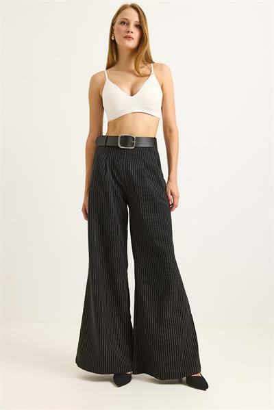 Keten Karışımlı Palazzo Pantolon Siyah