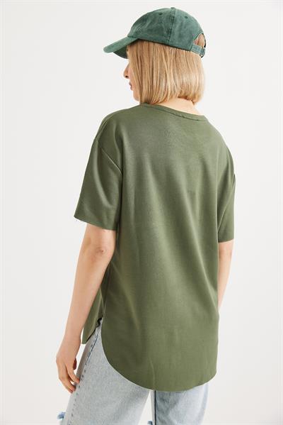 Eteği Oval Kesim Bisiklet Yaka Tshirt  Haki