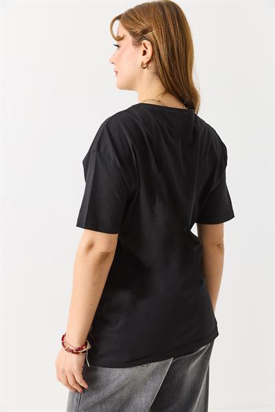 Kadın Bisiklet Yaka Baskılı Kısa Kol Tshirt Siyah
