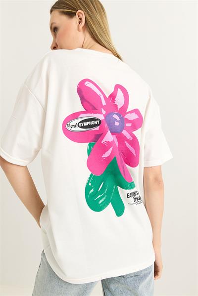 Baskılı Bisiklet Yaka Basic Tshirt Beyaz