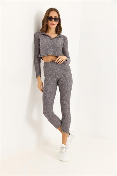 Kadın Polo Yaka İkili Fitilli Takım Gri