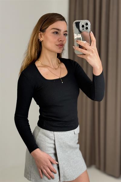 Kadın Fitilli Kare Yaka Uzun Kollu Bluz  Siyah