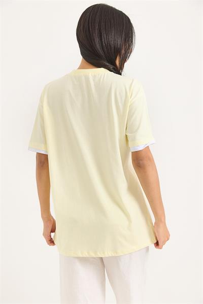 Bisiklet Yaka Kolları Garnili Kadın T-shirt Sarı
