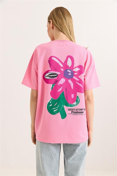 Baskılı Bisiklet Yaka Basic Tshirt Pembe